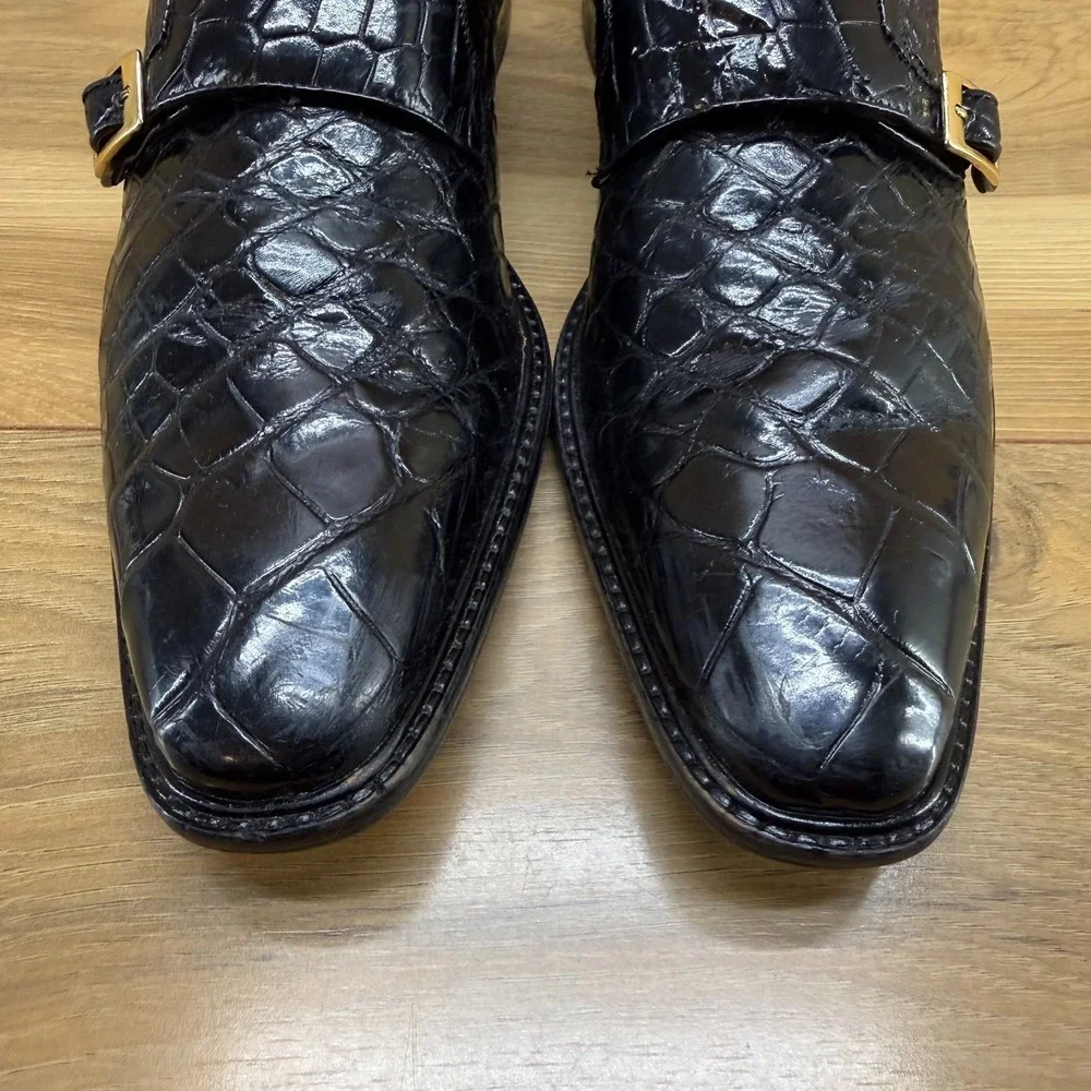 Belvedere Alligator Double Monk Strap Mens Shoes 8.5 Black Square Toe Formal